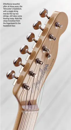  ??  ?? Effortless­ly beautiful after all these years, the Telecaster’s headstock, with a single string tree for the top two strings, still takes some beating today. Note the steep transition from the fingerboar­d to the headstock face