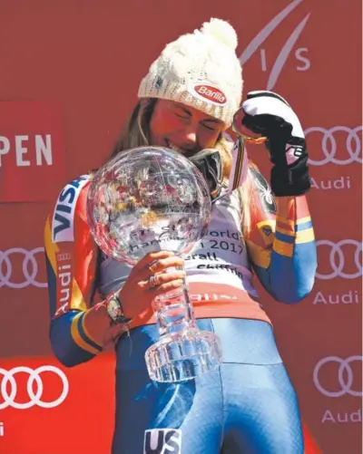 ??  ?? World Cup overall champion Mikaela Shiffrin laughs Sunday as she shows off her crystal globe trophy on the podium after the World Cup Finals at Aspen Mountain. Helen H. Richardson, The Denver Post