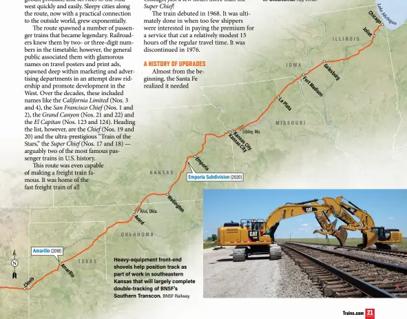  ?? BNSF Railway ?? Heavy-equipment front-end shovels help position track as part of work in southeaste­rn Kansas that will largely complete double-tracking of BNSF’s Southern Transcon.