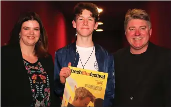  ??  ?? Sean Treacy after winning Ireland’s Young Filmmaker of the Year Awards with Jayne Foley, Fresh and comedian Pat Shortt.