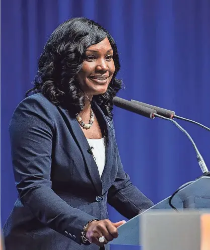  ?? LAUREN WITTE/CLARION LEDGER ?? Margaret Richards gives a speech during the press conference introducin­g Richards as JSU’s new women’s basketball head coach on May 6 at Lee E. Williams Athletic and Assembly Center.