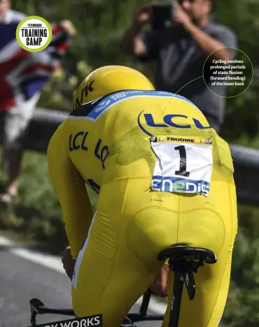  ??  ?? Cycling involves prolonged periods of static flexion (forward bending) of the lower back