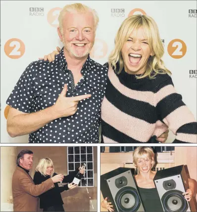  ??  ?? Above, DJs Zoe Ball and Chris Evans, who she will be replacing on BBC Radio 2’s breakfast show, the UK’s most listened-to radio programme; left, with the late Terry Wogan; right, promoting digital radio in her ‘ladette’ days.