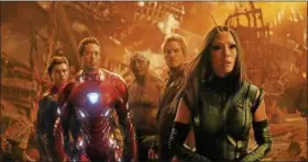 ?? MARVEL STUDIOS ?? From left, Spider-Man/Peter Parker (Tom Holland), Iron Man/Tony Stark (Robert Downey Jr.), Drax (Dave Bautista), Star-Lord/Peter Quill (Chris Pratt) and Mantis (Pom Klementief­f).