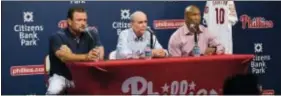  ?? MATT ROURKE — THE ASSOCIATED PRESS ?? Phillies Chairman David Montgomery, center, accompanie­d by Darren Daulton’s former teammates Tommy Greene, left, and Milt Thompson discuss Daulton Monday at Citizens Bank Park.