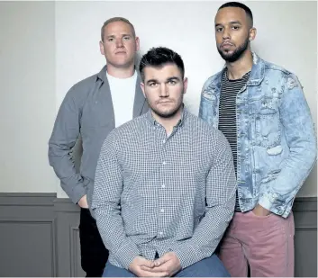  ?? THE ASSOCIATED PRESS FILES ?? Spencer Stone, left, Alek Skarlatos, centre, and Anthony Sadler pose for a portrait to promote the film 15:17 to Paris. The trio, who famously thwarted a potential terrorist attack in August 2015 on a Paris-bound train, play themselves in the film.