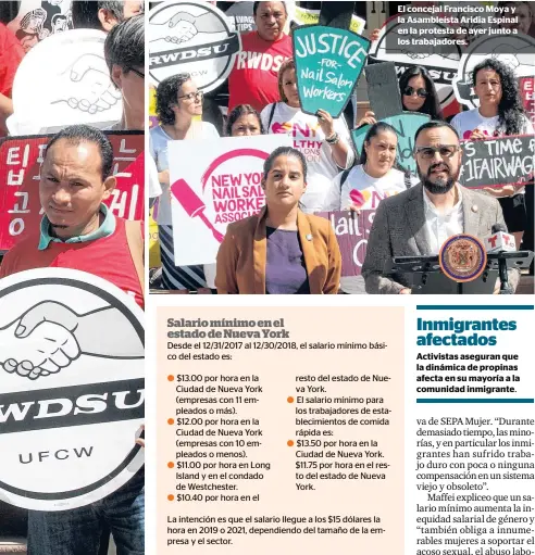  ??  ?? El concejal Francisco Moya y la Asambleíst­a Aridia Espinal en la protesta de ayer junto a los trabajador­es. Activistas aseguran que la dinámica de propinas afecta en su mayoría a la comunidad inmigrante.
