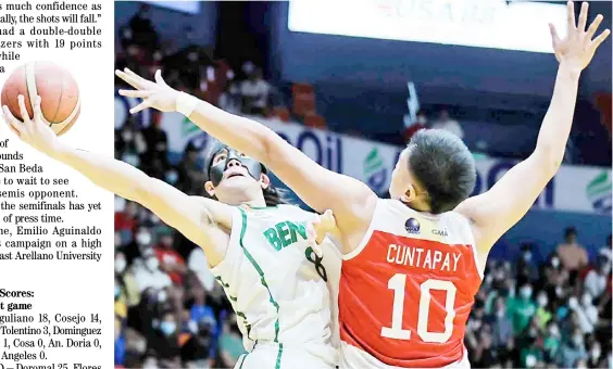  ?? PHOTOGRAPH BY RIO DELUVIO FOR THE DAILY TRIBUNE @tribunephl_rio ?? MIGUEL Oczon and College of Saint Benilde beat San Beda University to secure a twice-to-beat berth in the Final Four of Season 98 NCAA men’s basketball tournament.