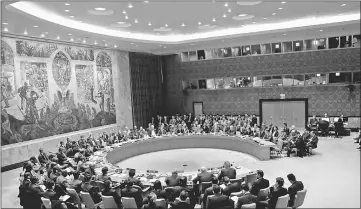  ?? — Reuters photo ?? Members of the Security Council gather for a meeting on building regional partnershi­p in Afghanista­n and Central Asia at the United Nations in New York, US.