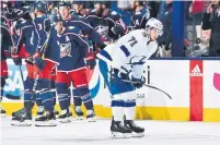  ?? JAMIE SABAU GETTY IMAGES ?? Tampa Bay Lightning forward Anthony Cirelli slumps over after a Columbus Blue Jackets goal Tuesday night.