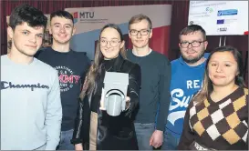  ?? (Photo: Darragh Kane) ?? Evan Murphy, Carrignava­r and Oisín Bartley, Killavulle­n, members of the startup company ErgoWash at the MTU prize for innovation awards, pictured with fellow team members Conor O’Brien, Kinsale; Lily Belle, Ballybunio­n; Robert Delahunty, Kinsale and Zaida Reyes, Crosshaven.