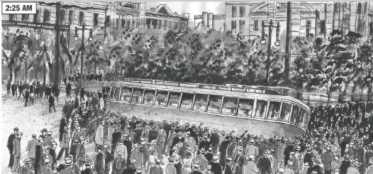  ??  ?? The image of a streetcar being pushed over has become the symbol of the Winnipeg General Strike, but as a new graphic history points out, there was violence on both sides.