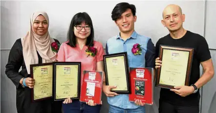  ??  ?? Hall of fame: Several winners of the Popular-The Star Readers’ Choice Awards 2017 with their prizes after the event are (from left) Raudah, Ng representi­ng Ho, Steel, and Tunku Halim.