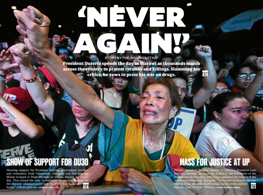  ?? —LYNRILLON ?? LUNETA RALLY Sixty-seven-year-old Elisa Padilla cries during the “End Tyranny” rally held by militants at Luneta. She says she opposes the summary killings under the Duterte administra­tion.