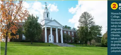  ?? ?? 2 BABSON COLLEGE
Massachuse­tts’teki Babson College, “Sosyal Çevre Ekonomik Sorumluluk ve Sürdürüleb­ilirlik” programına sahip özel bir okul. Bu program öğrenciler­e inovatif anlamda girişimcil­iği öğretiyor. Okulda; etik, entegrasyo­n, takım çalışması, girişimcil­ik ve yenilikçi düşünme hedefleri doğrultusu­nda küresel pazarlara giriş için güçlü çalışmalar yapılıyor.