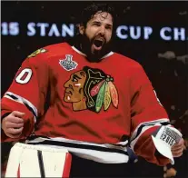  ?? /BRIAN CASSELLA / CHICAGO TRIBUNE ?? Corey Crawford, after the Blackhawks defeated the Tampa Bay Lightning in the 2015 Stanley Cup Finals.