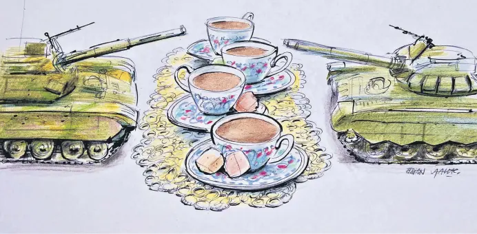  ?? ?? An illustrati­on by Erhan Yalvaç shows Turkish coffee in a traditiona­l Turkish cup with sweets, in reference to Ankara’s meditation efforts between the parties in the ongoing Ukraine crisis.