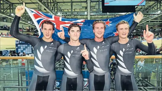  ?? Photo: GETTY IMAGES ?? Under-appreciate­d: Pieter Bulling, Regan Gough, Dylan Kennett and Alex Frame after the Men’s Team Pursuit Final at the UCI Track Cycling World Championsh­ips on February 19.