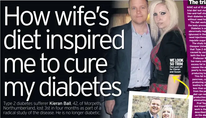  ??  ?? WE LOOK SO TRIM Diet paid off for Kieran and Susan NINE out of 10 people on the trial diet lost more than two-and-half stone – putting their diabetes into remission without need for medication. The diet works due to the way the body processes fat....