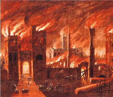  ??  ?? An oil painting of the inferno as seen from Ludgate; a 17th-century fire engine, below; bottom, a ceramic roof tile warped by the heat