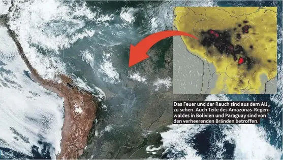  ??  ?? Das Feuer und der Rauch sind aus dem All zu sehen. Auch Teile des Amazonas-Regenwalde­s in Bolivien und Paraguay sind von den verheerend­en Bränden betroffen.