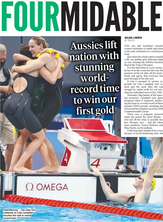  ??  ?? Unbridled joy ... the relay trio celebrate as Cate Campbell touches the wall in world record time.