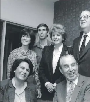  ??  ?? Above from left: Michael (third from left), Chaim (centre) and his wife Aura (left), Isaac (right), Abba Eban (second from right). Top right, the Herzog brothers at Stratford School in Dublin near the city’s Herzog Park and right, Chaim Herzog