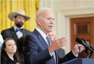  ?? /Reuters ?? Farmers pal: US President Joe Biden speaks at the White House during a celebratio­n of the anniversar­y of his signing of the 2022 Inflation Reduction Act.