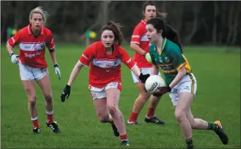  ??  ?? Kerry’s Fiadhna Tangney looks to move the ball as Cork’s Eimear Scally applies the pressure
