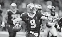  ?? AP Photo/Butch Dill, File ?? New Orleans Saints quarterbac­k Drew Brees (9) passes in the second half against the Atlanta Falcons on Sunday in New Orleans. Brees is on the verge of reclaiming an NFL record this week, just weeks before his 39th birthday. The playmaker enters New...