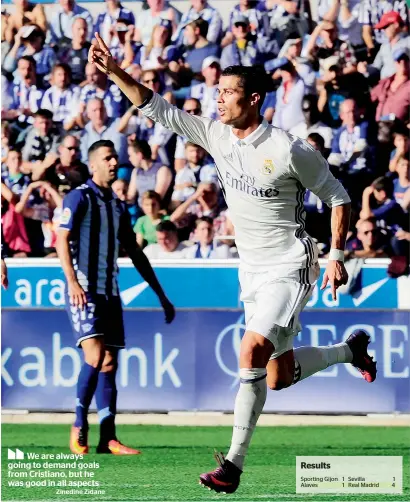  ??  ?? Real Madrid’s Cristiano Ronaldo celebrates after scoring his team’s second goal against Deportivo on Saturday. — AFP