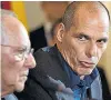  ??  ?? Mr Schäuble and Mr Varoufakis face the media after talks in Berlin in 2015