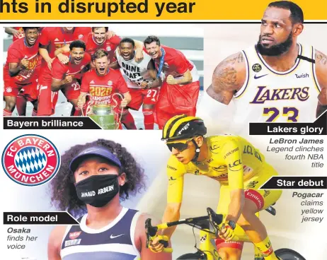  ??  ?? Bayern brilliance Role model Osaka finds her voice Lakers glory LeBron James Legend clinches fourth NBA title Star debut Pogacar claims yellow jersey