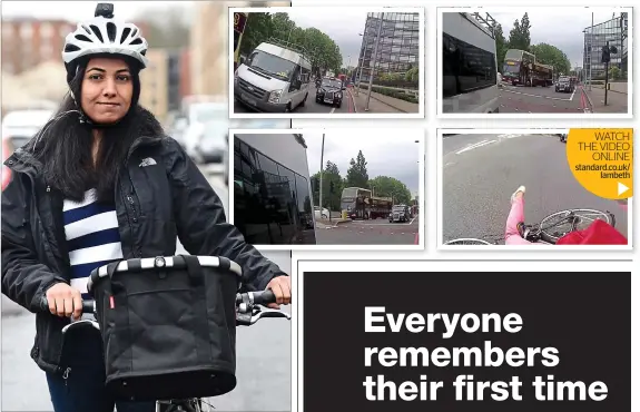  ??  ?? Sent flying: Nisha Singh and, top right, the moment she was knocked off her bike by the van. She said that she was lucky that she was not run over by a black cab
WATCH THE VIDEO
ONLINE standard.co.uk/
lambeth