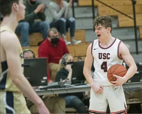  ?? Emily Matthews/Post-Gazette ?? Upper St. Clair’s Ethan Dahlem knows that the Panthers are headed for the WPIAL Class 6A championsh­ip game this weekend after defeating Butler, 70-62, Tuesday night.