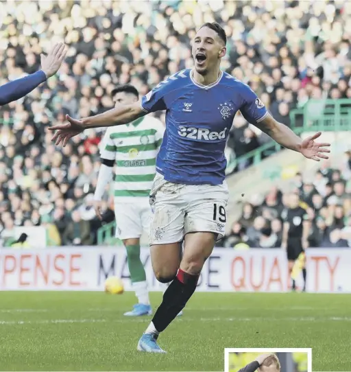  ??  ?? 0 Nikola Katic celebrates after scoring Rangers’ winner. Far left, Alfredo Morelos gestures to fans after being sent off and, left, Celtic boss Neil Lennon cuts a dejected figure as his side fall to defeat.