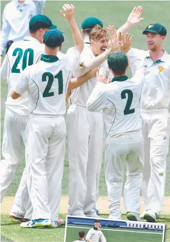  ?? Pictures: AAP ?? IT’S THAT WINNING FEELING AGAIN: Tigers players congratula­te Sam Rainbird, above, after he bowls Cameron Valente. Thomas Rogers and Jordan Silk celebrate the dismissal of Alex Carey, right, on the final day of the Sheffield Shield match between South...