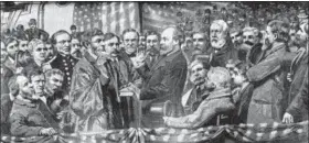  ?? THE ASSOCIATED PRESS ?? Depicted in this undated illustrati­on from an old print, the inaugurati­on of President James A. Garfield in 1881by Supreme Court Justice Noah H. Swayne.