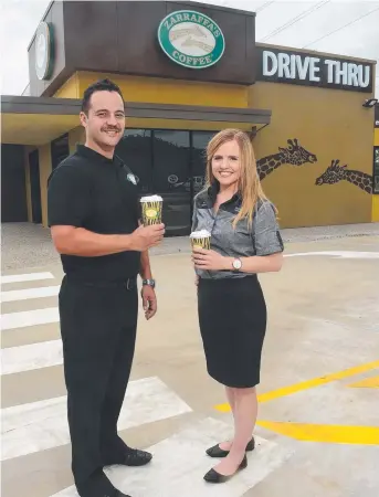  ?? EXPANSION: Zarraffa's Coffee franchisee Corey Blakemore with manager Zoe Maslen at the new drive- through store in Condon. Picture: EVAN MORGAN ??
