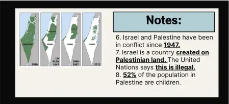  ?? MENLO-ATHERTON HIGH SCHOOL VIA THE NEW YORK TIMES ?? In an image provided by Menlo-Atherton High School, a slide, inaccurate­ly claiming that the United Nations considered Israel’s founding illegal, that was included in a lesson on the war at the school in Silicon Valley.