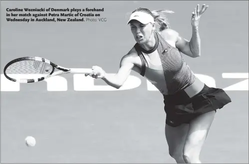  ??  ?? Caroline Wozniacki of Denmark plays a forehand in her match against Petra Martic of Croatia on Wednesday in Auckland, New Zealand.