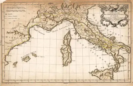  ?? ?? Ruta seguida por Aníbal y el ejército cartaginés durante la segunda guerra púnica entre Roma y Cartago, en 218 a. C. Grabado por Moithey según un dibujo de George du Roi.