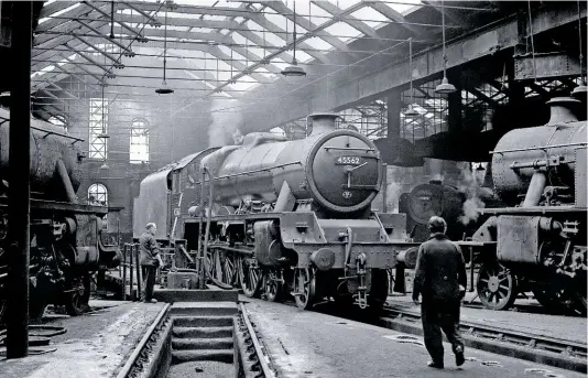  ??  ?? Leeds Holbeck roundhouse is host to resident ‘Jubilee’ No. 45562 Alberta, surrounded by a ‘Black Five’, Fairburn tank and ‘Britannia’ No. 70016 Ariel. Though the mid-Sixties scene is sadly undated, Peter would not have even been 20 when he captured this magical moment.