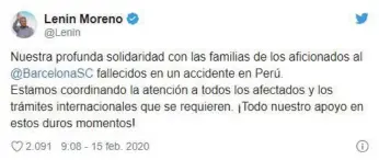 ?? /TWITTER. ?? Lenín Moreno escribió esto en su cuenta de Twitter, tras enterarse del accidente.