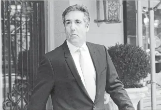  ?? RICHARD DREW THE ASSOCIATED PRESS ?? Michael Cohen, former lawyer to U.S. President Donald Trump, leaves his apartment in New York on Tuesday.