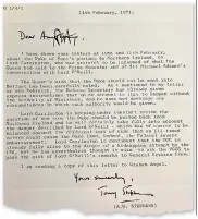  ?? ?? The letter written by AW Stephens, a ministry of defence official, to the prime minister’s private secretary