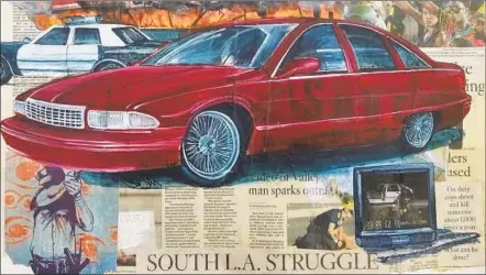  ??  ?? “NO JUSTICE No Peace 1992” depicts the L.A. riots that year with current headlines about police shootings and a 1992 Chevy Caprice.