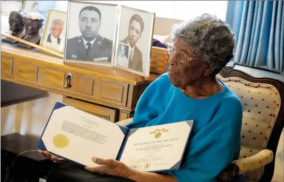  ?? (AP/Matt York) ?? Maj. Fannie Griffin McClendon, a World War II veteran, pauses while speaking about her past at her home June 10 in Tempe, Ariz. McClendon had a storied history as a member of the 6888th Central Postal Directory Battalion that made history as being the only all-female, Black unit to serve in Europe during World War II.