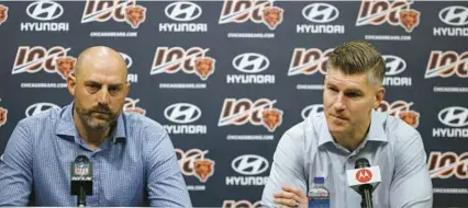  ?? STACEY WESCOTT / CHICAGO TRIBUNE ?? Bears coach Matt Nagy and general manager Ryan Pace speak at Halas Hall in 2019. The two were fired Jan. 10.