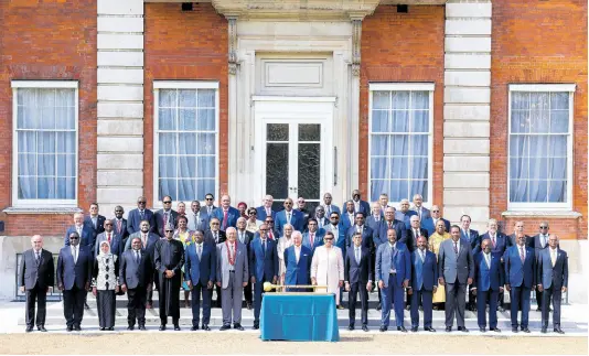  ?? AP ?? Britain’s King Charles III poses for a group photo with Commonweal­th leaders at Marlboroug­h House in London in May 2023.